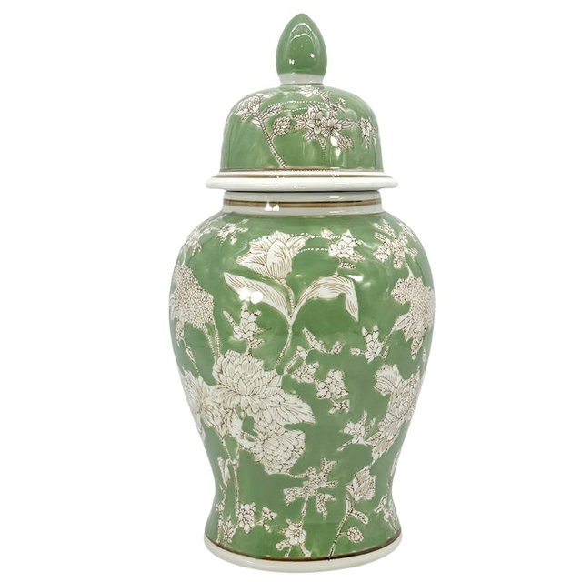 Galt International 14" Green & White Floral Ceramic Porcelain Ginger Jar Floral Home Décor Jar Urn Shape Vase