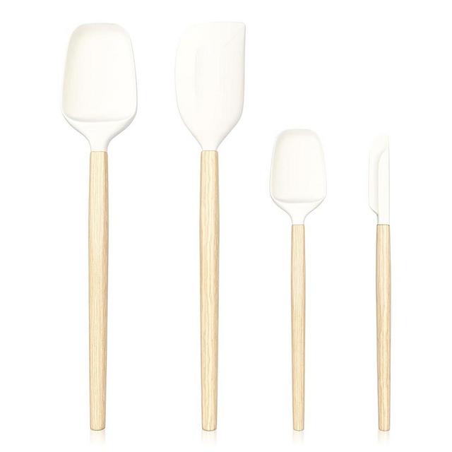 Lohepon Wooden Handle Spatula Set 4Pcs, 12" & 9" Rubber Spatula Silicone Spatulas for Scraping, Non-Stick, Dishwasher Safe, Multi-Functional