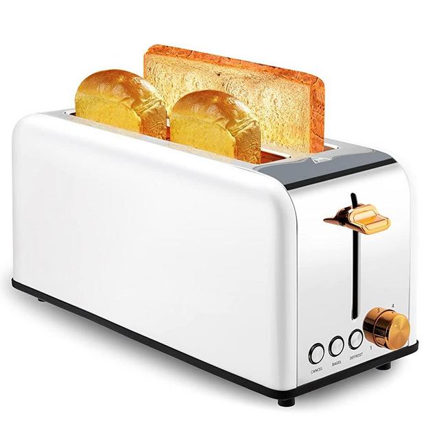 Pukomc Toaster 4 Slice with Long Slots, 6 Browning Levels, Stainless Steel, Removable Tray, Cancel/Defrost/Reheat Functions (1500W) (white)