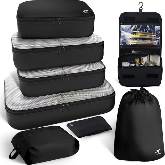 HOTOR Packing Cubes for Suitcases - 8 Pieces, Light Packing Cubes for Travel, Premium Suitcase Organizer Bags Set, Space-Saving Luggage Organizers, Travel Accessories and Essentials, Black