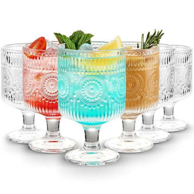 Hlukana Vintage Goblet Glasses of 6, 8 oz Wine Glasses, Embossed Floral Glass Cups Set, Clear Drink Glasses, Drinking Goblets, Bar Tumbler Glassware for Iced Tea, Wine, Beer, Juice, Cocktail, Whiskey