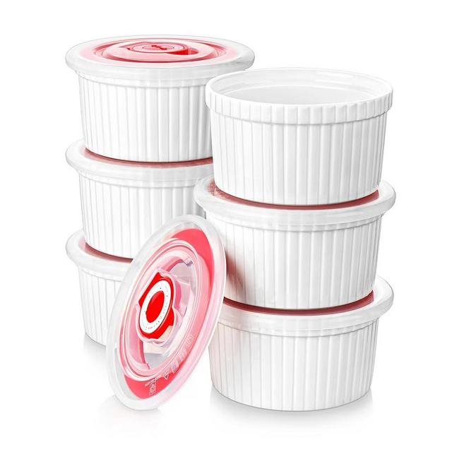 MALACASA Ramekins with Lids 8 oz - Set of 6, White Porcelain Creme Brulee Souffle Ramekins with Covers, Ceramic Custard Cups for Baking, Dishwasher and Oven Safe, Series RAMEKIN-DISH