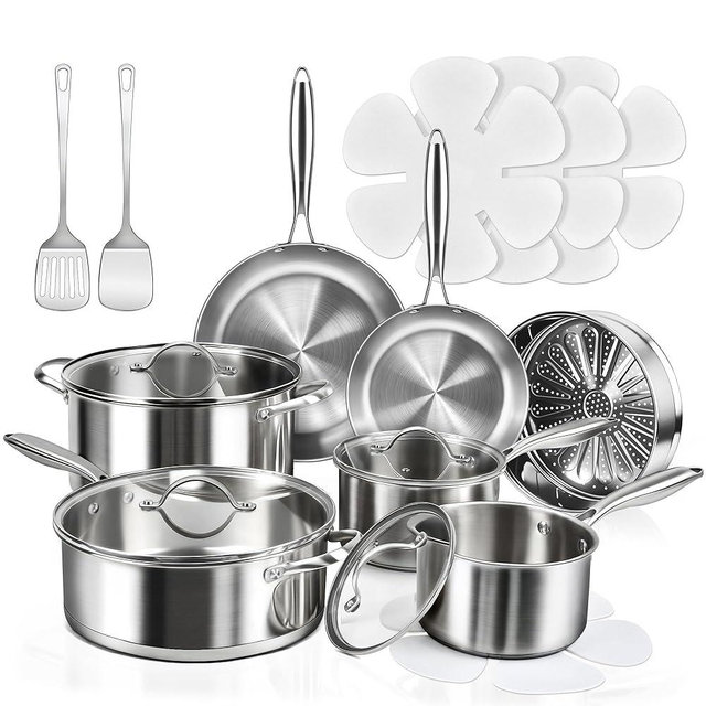 16-Piece Pots and Pans Set, Tri-Ply Stainless Steel Cookware Set with Lids, Non-toxic Kitchen Cooking Set, Dishwasher-Friendly, Induction-Ready, Even Heating, Heavy Duty, Compatible with All Cooktops