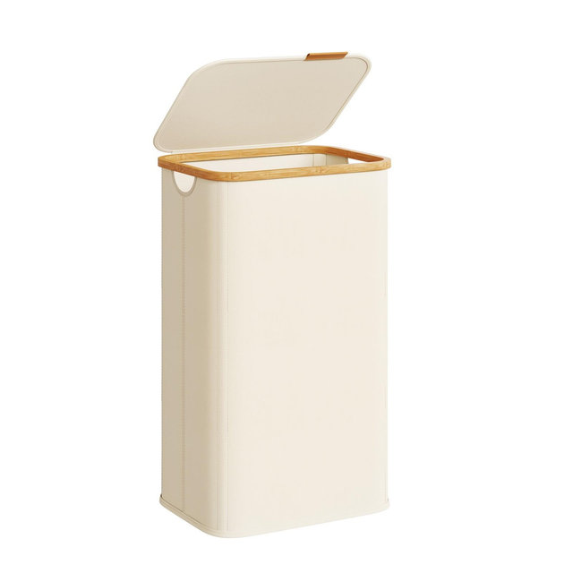 SONGMICS Laundry Hamper, Laundry Basket with Lid, Foldable Storage Basket, Bamboo Frame, Oxford Fabric, 26.4 Gal. , Cream White