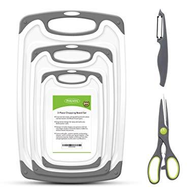 PHILWIN Cutting Boards for Kitchen, Plastic Chopping Board Set of 5 with Non-Slip Feet and Deep Drip Juice Groove, Easy Grip Handle, BPA Free, Non-porous, Dishwasher Safe
