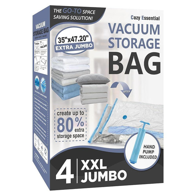 4 Pack XXL Jumbo Vacuum Storage Bags, Extra Jumbo Vacuum Sealed Bags for Comforters, Bedding, Blanket Storage, Space Saver Extra Large Vacuum Storage Bags for Huge Stuffed Toy (47.2x35in)