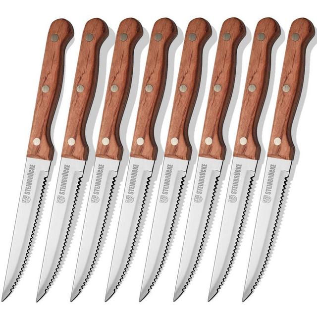 Steinbrucke Steak Knife Set of 8, Serrated Steak Knives, Table Knife Set 5Cr15Mov Stainless Steal, Polished Rosewood Handle Trip Grip Rivets Full Tang - For Dinner Family Restaurant