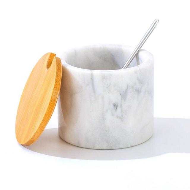 NHKRTE Marble Sugar Bowl with Lid & Spoon, Sugar Container 11oz,Sugar Dispenser Handcrafted from Natural Marble, Smooth Inside (light white grey)