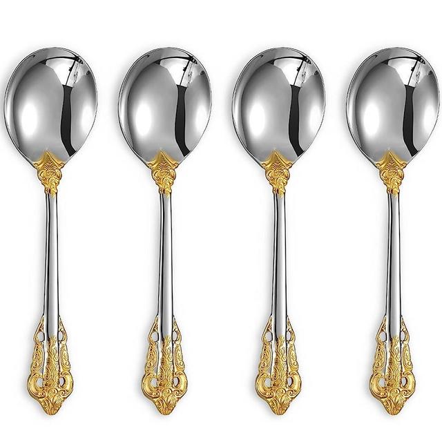 KEAWELL Gorgeous Round Soup Spoon, Set of 4, 18/10 Stainless Steel, Gold Accent Bouillon Spoon, Dishwasher Safe, Fine Mirror Polished