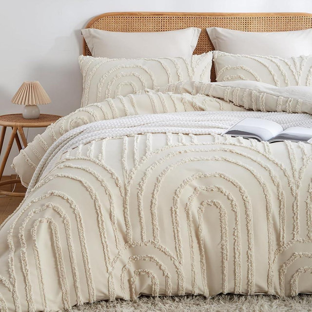 Natural Tufted Cotton Duvet Cover - 5 Piece Luxury Shabby Chic Boho Bedding Comforter Set/Pillowcase Soft Lightweight Duvet Cover with Zipper Clouser (Natural, Over Size 114X118)