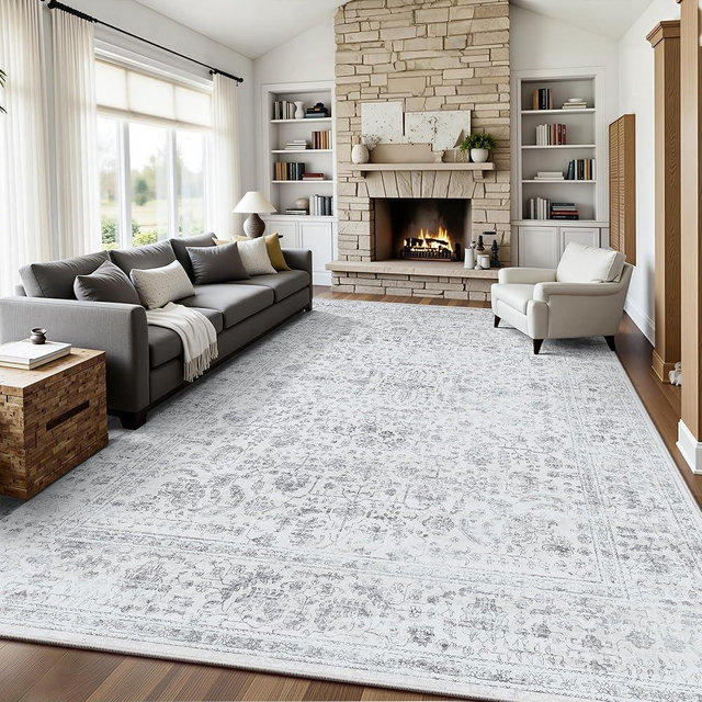 Yarooge 8x10 Area Rugs for Living Room, Washable Vintage Retro Floral Rug, Low Pile Non Slip Distressed Large Carpet for Bedroom, Dining Room, Office, Home (Grey)