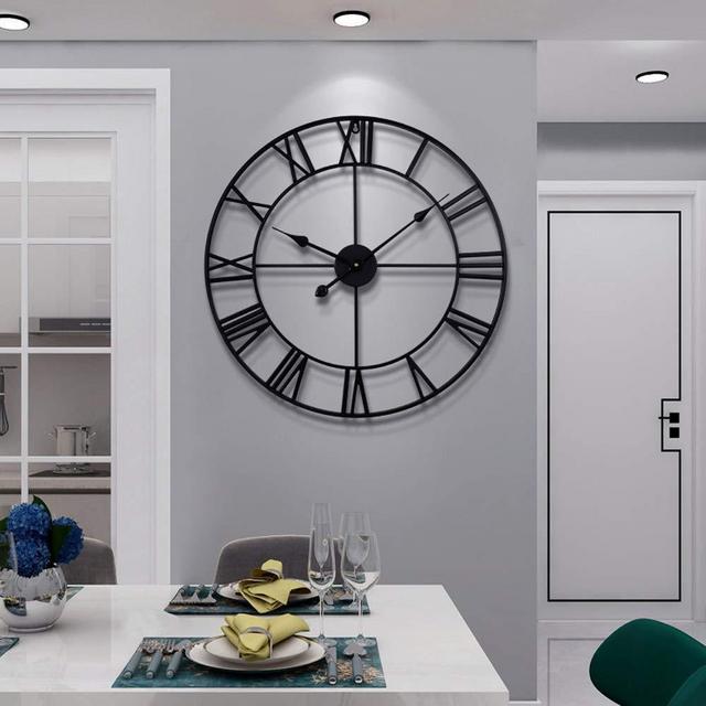 40CM Large Modern Metal Wall Clocks Round Silent Non Ticking Outdoor Black Roman Numeral Clock for Kitchen,Living Room,Bedroom Wall Decor