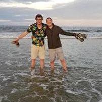You can't tell by their smiles, but the water was about 35 degrees - Ryan & Groomsman Sam - Ogunquit Beach, ME - May 18, 2019