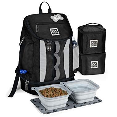 Mobile Dog Gear, Dog Travel Bag, Drop Bottom Week Away Backpack for Medium and Large Dogs, Includes 2 Lined Food Carriers and 2 Collapsible Dog Bowls