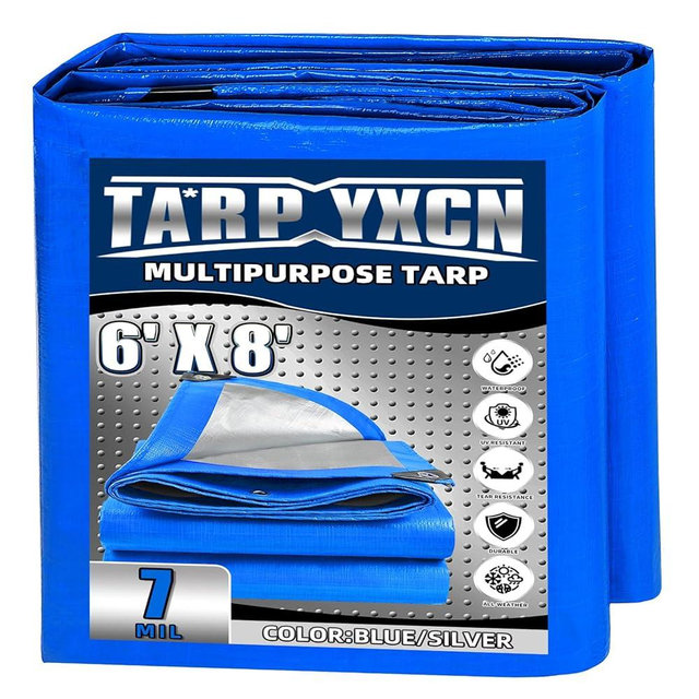 TA*RP YXCN Tarp 6x8 Feet, 7 Mil Thick Waterproof Poly Tarps Cover UV Resistant, Rip & Tear Proof with Metal Grommets Every 20 Inche (Blue/Silver)