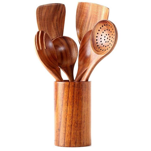 Kitchen Utensils Set, Wooden spoons for Cooking Non-stick Pan Kitchen Tool Wooden Cooking Spoons and Wooden utensil storage wooden barrel