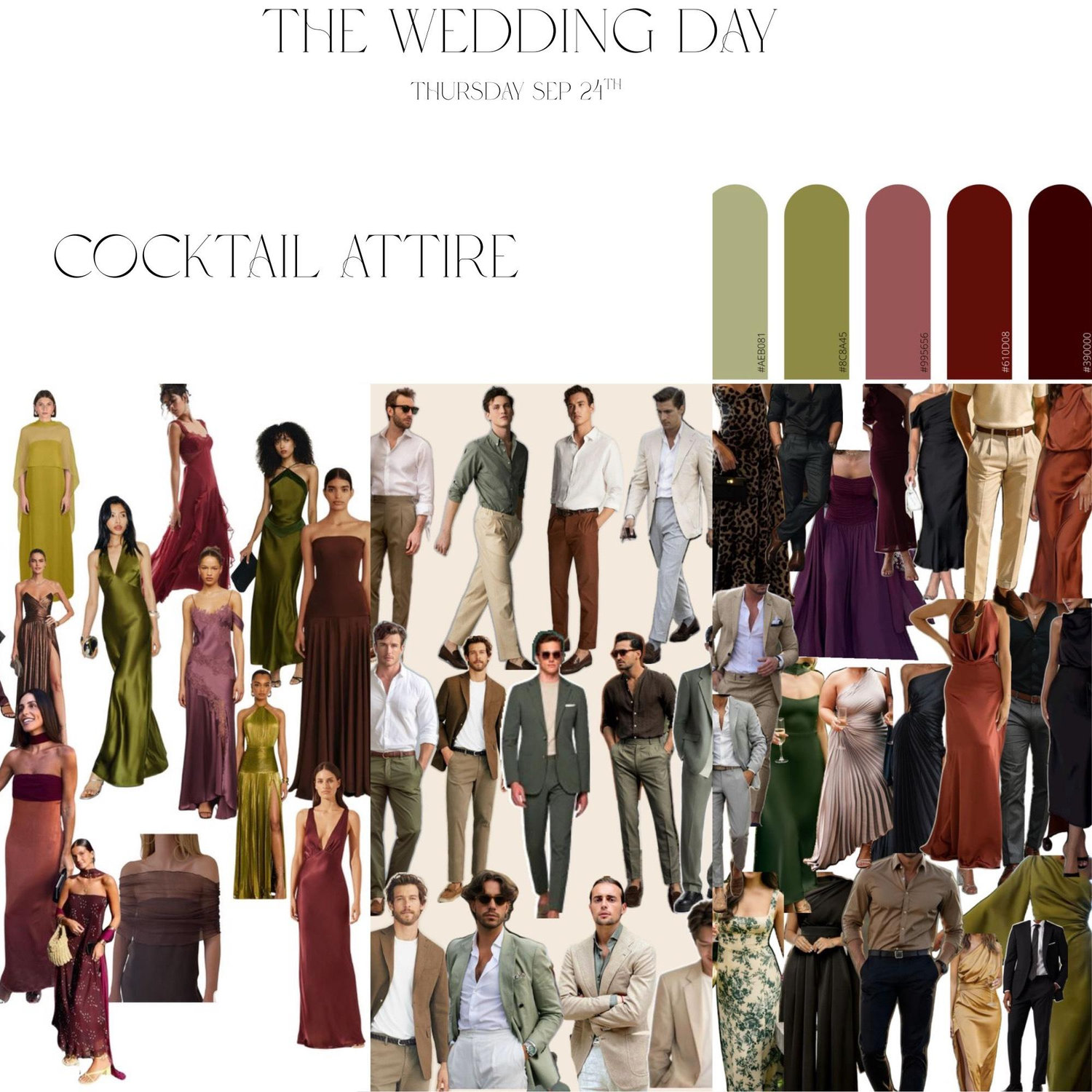 Cocktail attire with a fall color palette—think earthy hues, warm neutrals, and seasonal elegance 🍁Please note: our wedding party will be wearing brown.