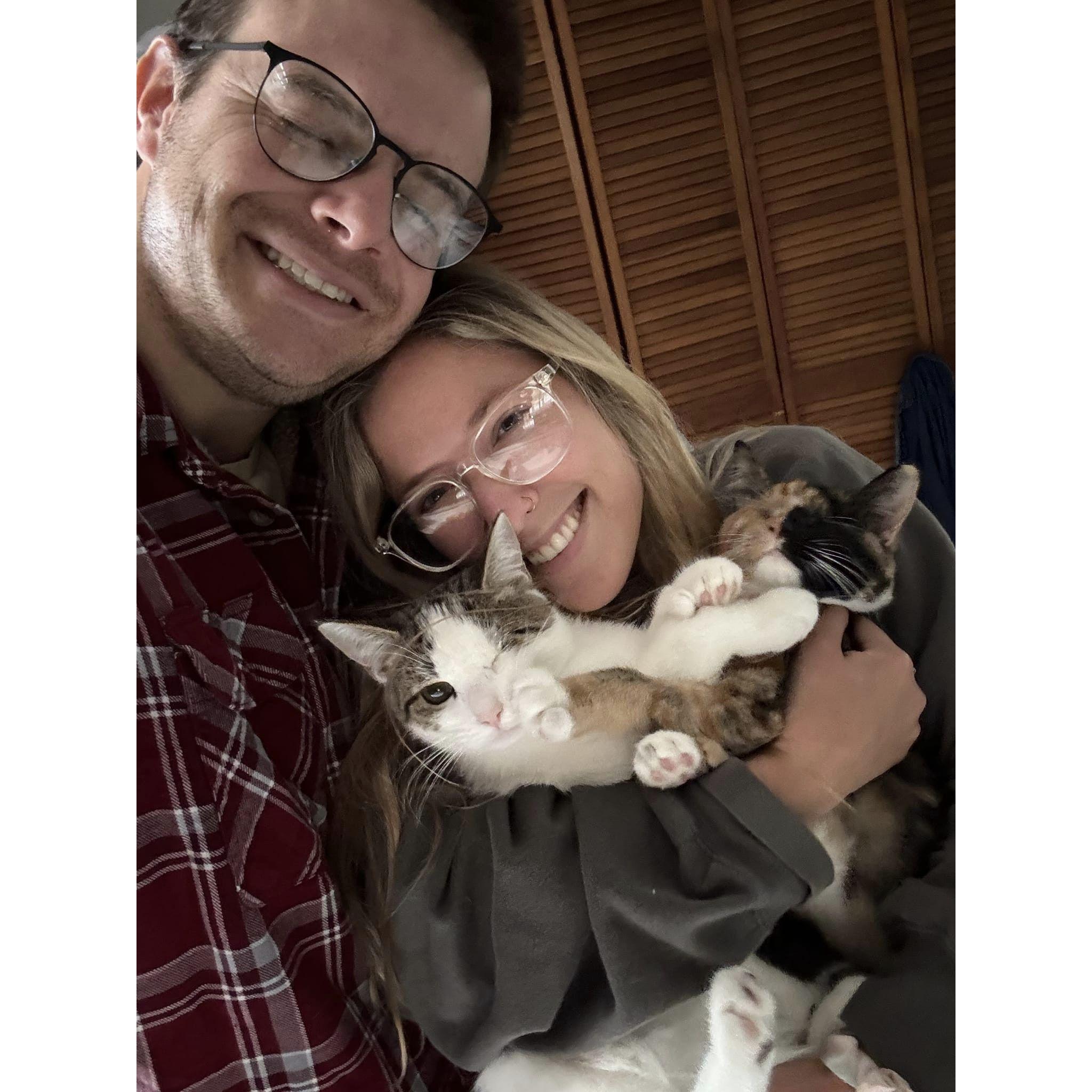 In October 2023 we adopted Moose and Buna, with only one eye in between them and lots of extra toes!