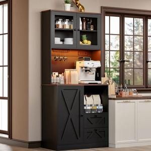 71'' Tall Kitchen Pantry Storage Cabinet with LED Lights and Power Outlet, Tall Farmhouse Kitchen Hutch with Microwave Stand,Drawers, Globet Hooks and Adjustable Shelves for Dining Living Room - Matte Black