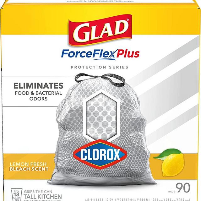 Glad Protection Series ForceFlex Plus Drawstring Lemon Fresh Bleach Odor Shield with Clorox 13 Gallon 1/90ct