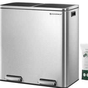 SONGMICS Trash Can, 2 x 8 Gallon (2 x 30 L) Garbage Can for Kitchen, with 15 Trash Bags, 2 Compartments, Plastic Inner Buckets and Hinged Lids, Airtight, Silver and Black ULTB60NL