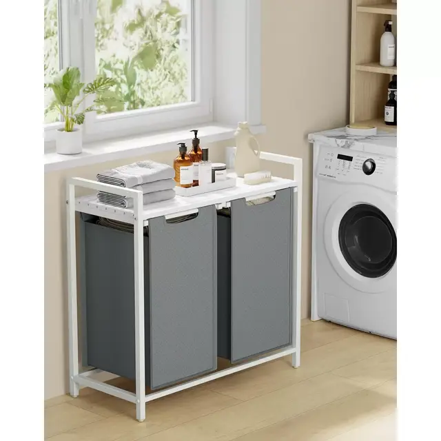 VASAGLE Laundry Hamper, Laundry Basket, Laundry Sorter with 2 Pull-Out and Removable Bags, 2 x 12.1 Gallons , 28.8 x 13 x 28.4 White and Gray