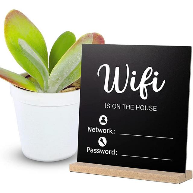 Wooden WiFi Sign Chalkboard Style WiFi Password Sign Board Freestanding Sign Centerpiece Decoration Wooden Framed Sign Hanging Board for Home or Business, 8.46 x 8.46 Inches (WiFi Style)