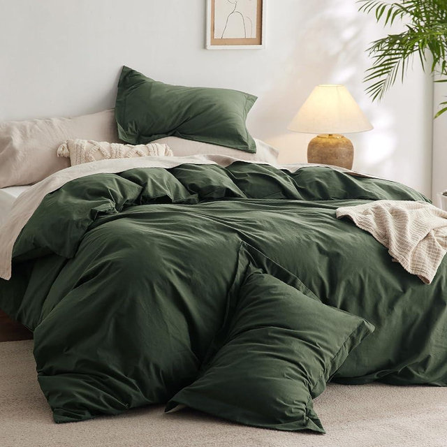 Bedsure 100% Washed Cotton Duvet Cover Queen - Olive Green Minimalist Cotton Duvet Cover Linen Like - 3 Pieces GentleSoft™ Plain Simple Bedding Set with 2 Pillow Shams (Olive Green, Queen, 90"x90")