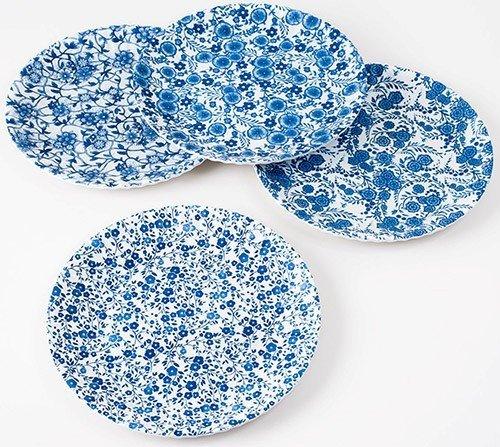 Blue & White Floral Pattern Picnic/Dinner Plate, 9 Inch Melamine, Set of 4