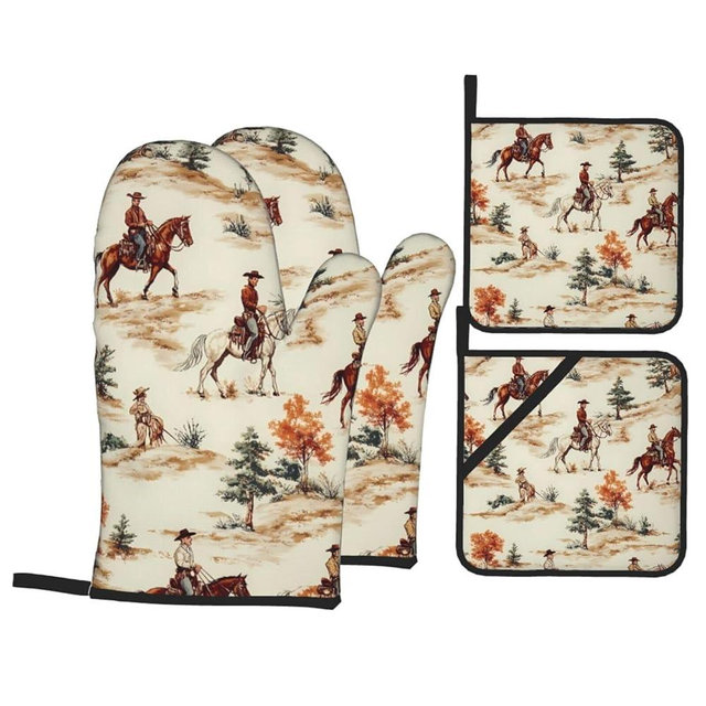 Western Cowboy 4pcs Oven Mitts and Potholders BBQ Gloves，Non-Slip Heat Resistant for Kitchen,Cooking,Baking