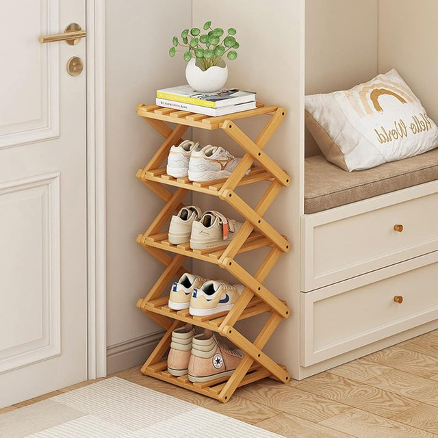 XZXWZX Foldable Shoe Rack, Bamboo Vertical Shoe Organizer Tall for Small Spaces. Multifunctional Narrow Shoe Shelf for Entryway, Closet, Corner, Bedroom, Hallway, Wood Color 5 Layers
