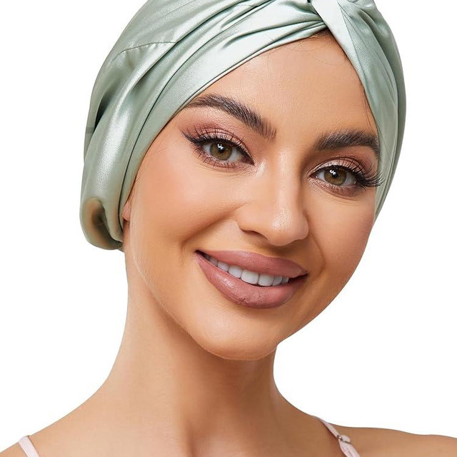 Adjustable Silk Satin Bonnet for Sleeping Hair Wrap, Double Layer Sleep Cap, Night Turban for Large Long Curly Braid Women Men Hair - Matcha Green