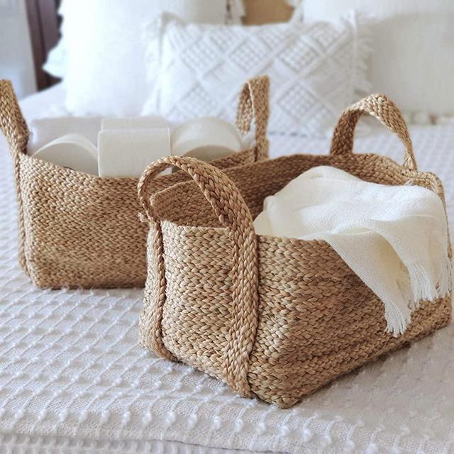 Woven Storage Basket Set of 2 Jute Baskets, Decorative Multipurpose Bins for Bathroom, Living Room, Bedroom or Nursery, Wicker Baskets with Handles for Towels, Clothes, Books or Toys