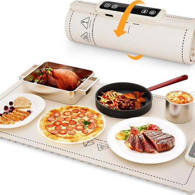 Portable Food Warming Mat for Food: Electric Real-Time Temp Display Food Warmers for Parties, Buffets, Gatherings, 5 Temp Levels, Timer, Auto Shut-Off (Champagne Beige)