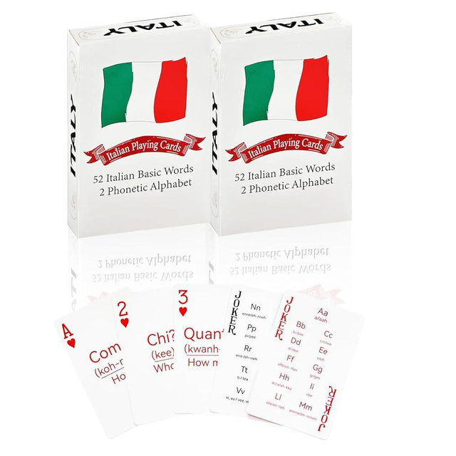 BKBNSJ 2 Pack Italian Playing Cards, Italian Card Game, Italian Travel Flashcards [52 Italian Vocabulary & 2 Phonetic Symbols]