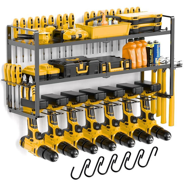 Power Tool Organizer Wall Mount 3 Tier 7 Drill Holders support up to 300Lbs - Metal Cordless Garage Wall Organizer for Cordless Drill, drill holder Rack Suitable for workshop organizers and storage