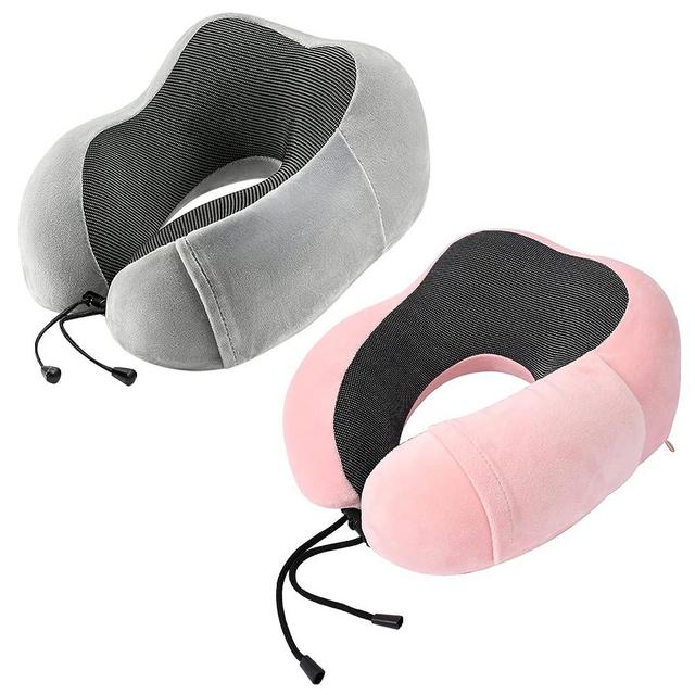 urnexttour Travel Pillow for Airplane-2 Pack Memory Foam Neck Pillows, Soft & Support Travel Pillow for Travelling, Sleeping Rest, Car, Train and Home Use (Grey&Pink)