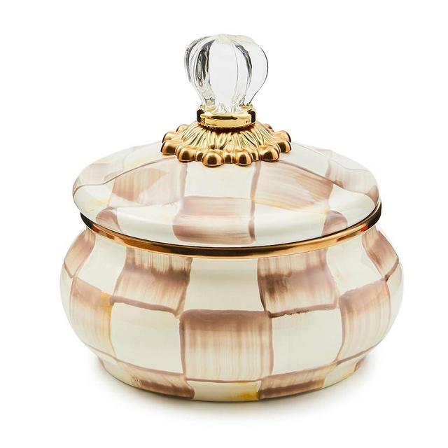 MACKENZIE-CHILDS Enamel Squashed Pot, Cute Enameled Container with Lid, 20 Ounces, Brown-and-White Mocha Check