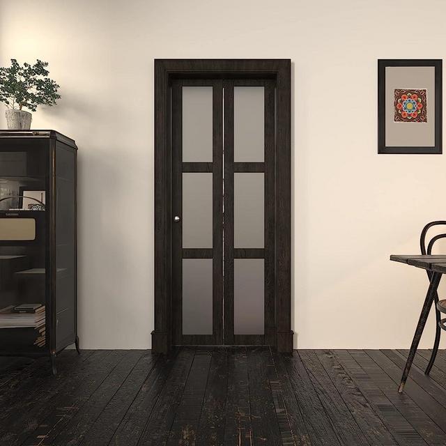 BARNER HOME Bi-Fold Doors, for 30in. x 80 in Opening, 3-lite Tempered Frosted Glass Panel, MDF, Gray Brown Closet Door