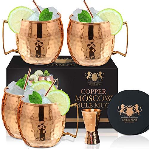 Moscow Mule Copper Mugs Set Of 4 By B.WEISS 100% Pure Copper +Bonus: 4 copper straws+4 coasters 1 shot mugHandmade Hammered Copper Cups