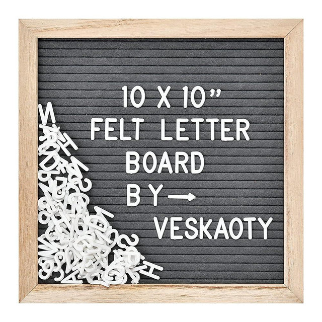 Felt Letter Board with 294 Letters, Numbers & Symbols - 10 x 10 inch Changeable Message Board with Wooden Frame Wall Mount Hook, Gray & Wood