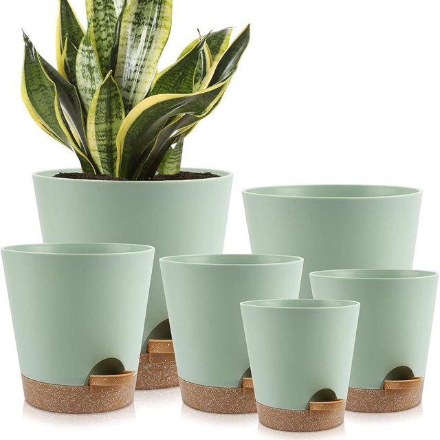 YNNICO Indoor Self Watering Planters with Drainage Holes and Saucers, 8, 7, 6.5, 6, 5.5, 5 Inches, 6 Pots（Green+Brown