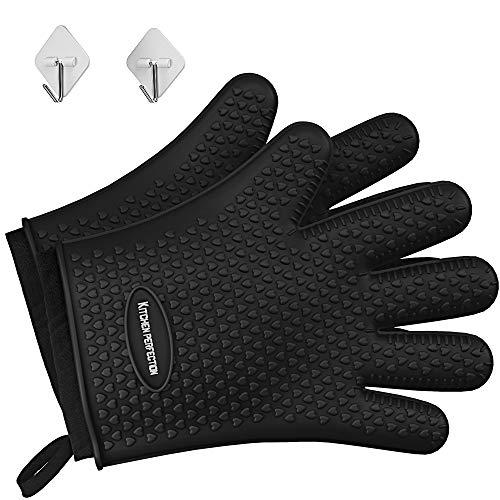 No.1 Set of Silicone Smoker Oven Gloves - Extreme Heat Resistant Washable Mitts for Safe Cooking Baking & Frying at The Kitchen,BBQ Pit & Grill. Superior Value Set + 3 Bonuses (Black)