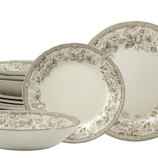 TUDOR ROYAL 12-Piece Porcelain Round Dinnerware Set, Service for 4, DIANA ROSE BEIGE Design, Blue Floral, Plates Bowls Dishes, Premium Quality Tableware, Unique Pattern, Glossy