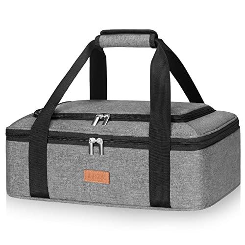 LHZK Insulated Casserole Carrier for Hot or Cold Food, with Upgrade Compartment for Fixing Campping Cutlery, Lasagna Holder Tote for Potluck Parties, Picnic, Beach, Fits 9"x13" Baking Dish (Grey)