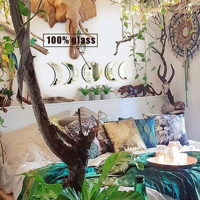 MAXROCK Moon Phase Mirror Set, Wall-Mounted Wall Decor Mirror, Boho Accents Room Decoration, Scandinavian Natural Wall Hanging Glass Moon Mirror Wall Decorative for Bedroom, Living Room, Punchless