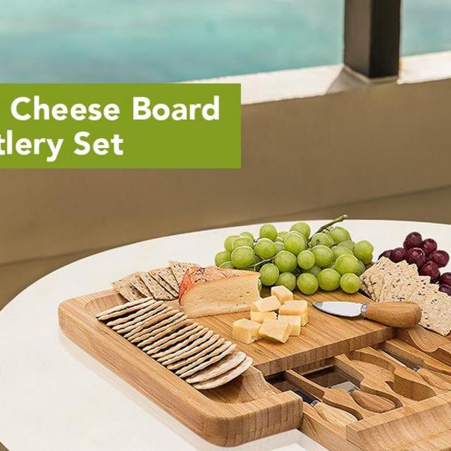 Bamboo Cheese Board Set With Cutlery In Slide-Out Drawer Including 4 Stainless Steel Serving Utensils - Perfect Charcuterie Board and Serving Tray for Entertaining or Gift Giving