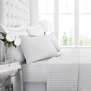 Egyptian Luxury Herringbone Pattern Queen Bed Sheet Set - White/Light Gray