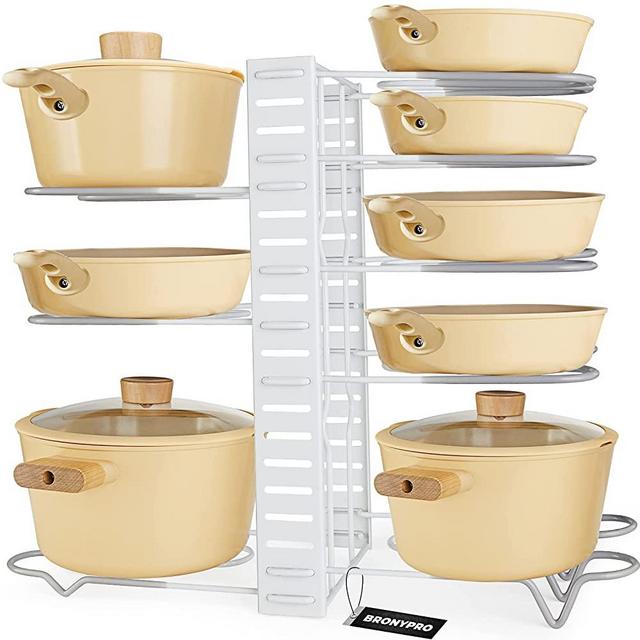 BRONYPRO Adjustable Pots and Pans Organizer for Kitchen Cabinet, Rustproof Storage Organizer Rack for Heavy Pots Pans with 8 Slots, for Skillets, Frying Pan, Pot Lids, Kitchen Must Have (White)