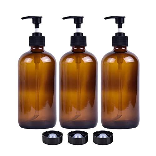 3 Pack Empty Amber Glass Pump Bottles 16oz Pump Bottles Refillable Containers for Essential Oils, Cleaning Products, Lotions, Aromatherapy, Durable Black Pumps